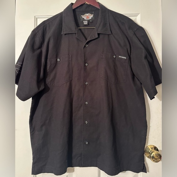 HARLEY DAVIDSON Men’s XL 100% Cotton Black Short Sleeve Button Down Back Graphic - Picture 1 of 11